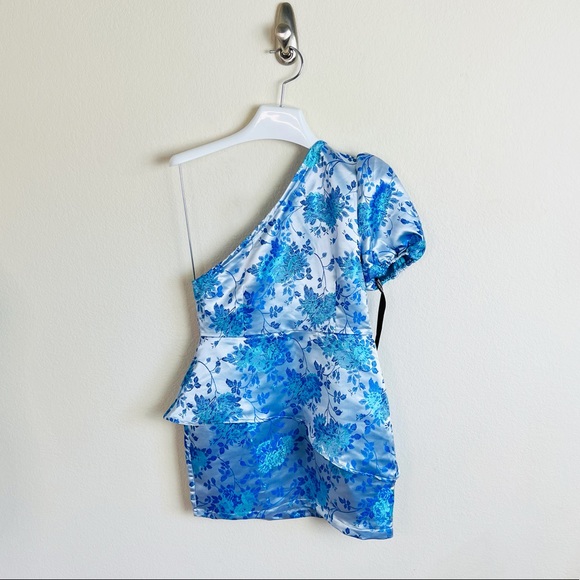 NWT Light Blue Jacquard One Shoulder Peplum Mini Dress - Picture 3 of 8